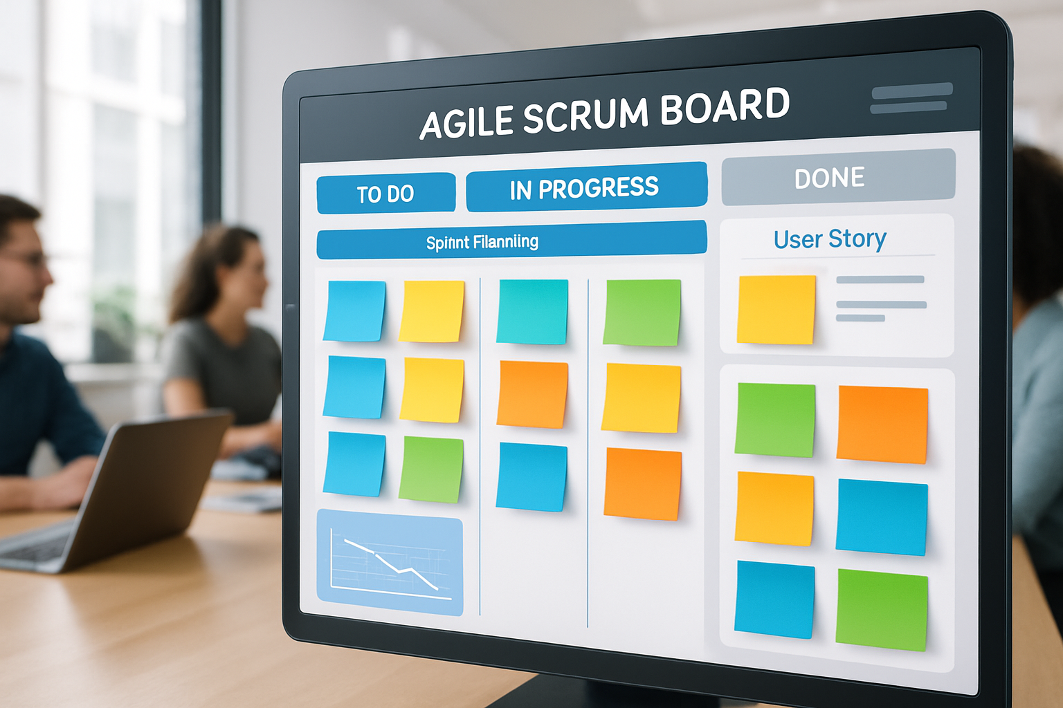 Agile Scrum board with sprint planning, user stories, and team collaboration workflow